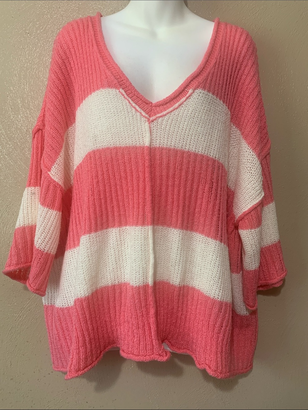 POL Oversized V-Neck Striped Sweater in Coral Pink and White
